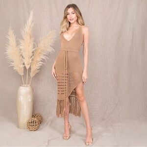 100% Cotton Beach Cover-Up Crochet Dress with Fringe Hem - Tan